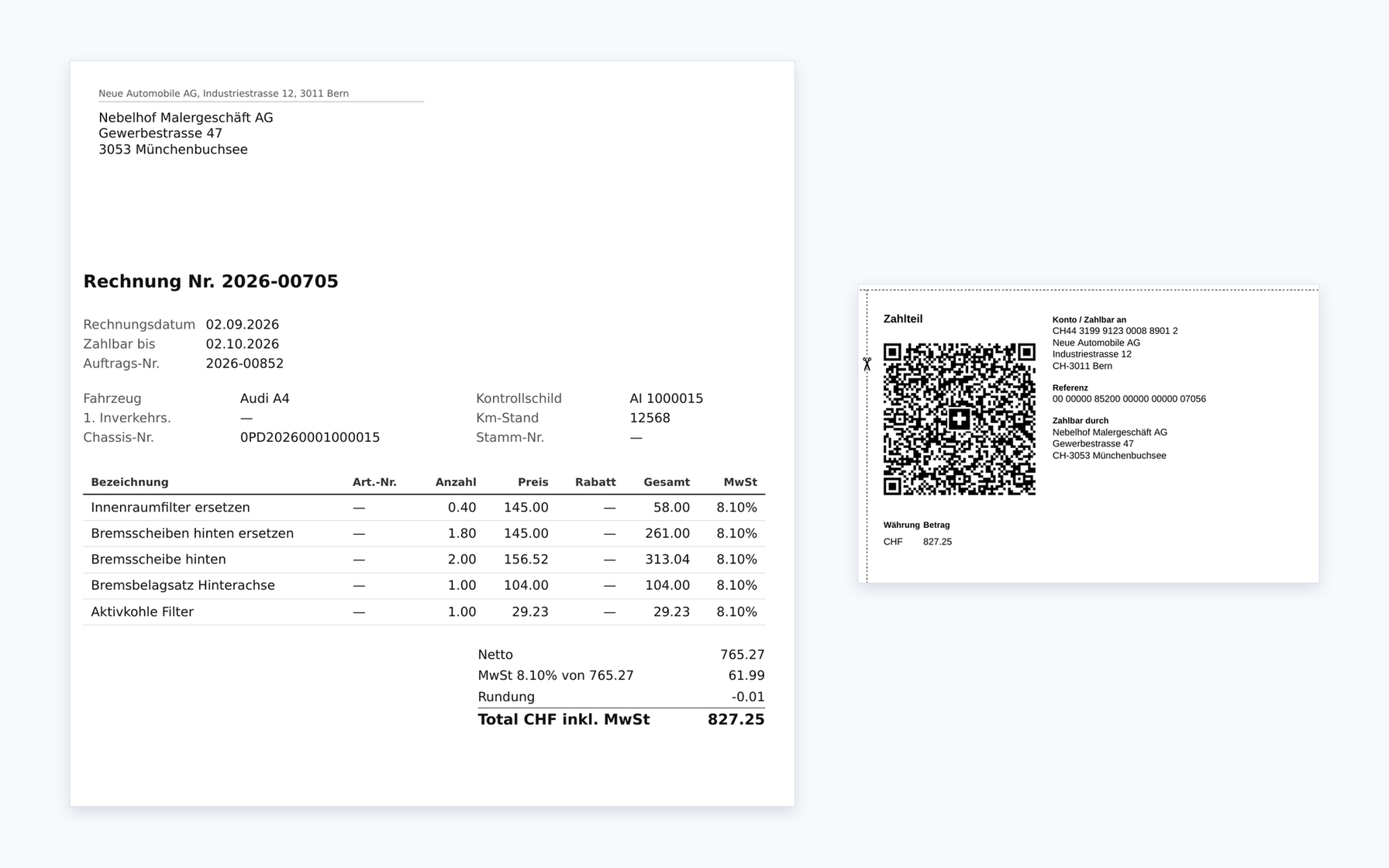 Rechnung von PowerDrive mit Positionen, Mehrwertsteuer und Schweizer QR-Zahlteil